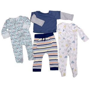 Lullaby Lane Set of 4 Sleepers Pants Shirt Blue Sloth Baby Boy Size 6-9 Months